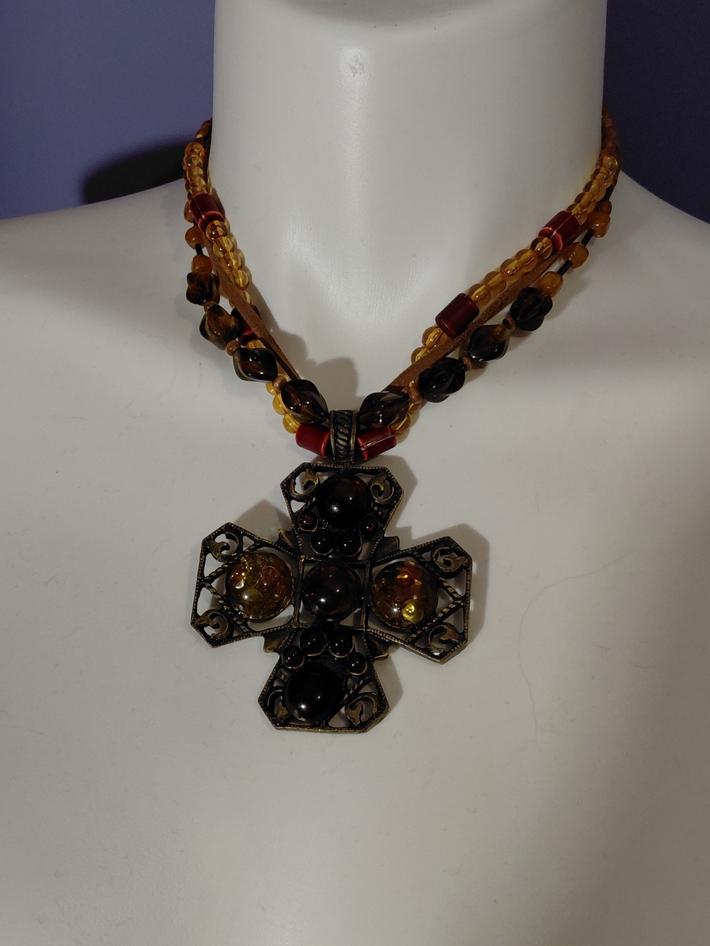 Amber and Black Beaded Cross Necklace - Women Jewelry